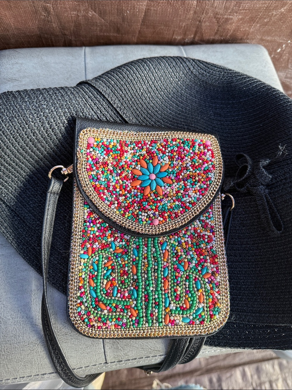 Beaded Multi-Color Crossbody Bag with Turquoise Flower Accent